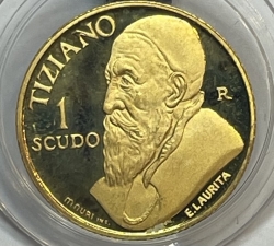 Золотая монета 1 скудо "Тициан" Сан-Марино 2001г., Au 900, 3,22г.