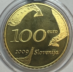 Золотая монета 100 евро "100 лет со дня рождения Зорана Музича" Словения, 2009г., Au 900, 7 г.
